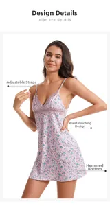 Detail view of adjustable straps and lace trim on a floral cotton nightdress for women