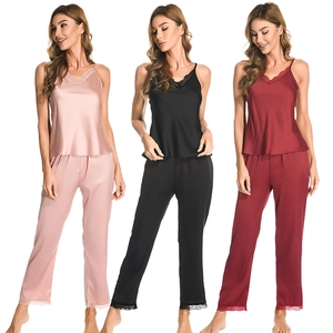 Women's silk satin pajama set with V-neck lace camisole and long pants in three colors