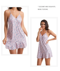 Detailed view of lavender floral satin chemise with deep V-neck and ruffle hem trim