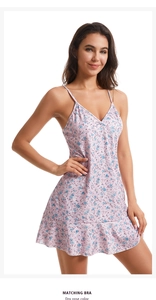 Detail of floral lace nightgown in dry rose with delicate spaghetti straps and V-neckline