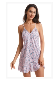 Detail of dry rose floral nightdress with V-neck, thin straps and ruffled hem design