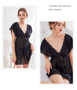 Close-up of black eyelash lace trim and sheer mesh fabric on a sexy V-neck nightgown