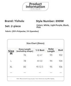 Detailed size chart for lace satin slip dress and robe set with measurement specifications