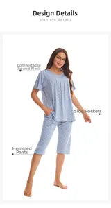 Detail view of cotton pajama set showing round neck design and convenient side pocket