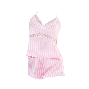 Pyjama satiné à rayures rose et blanc avec caraco dentelle col en V et short assorti