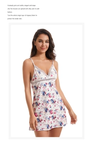 Close-up of floral print satin nightgown with elegant lace trim and V-neckline detail