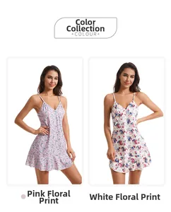 Close-up of knit cotton nightdress featuring V-neck lace trim and floral print patterns