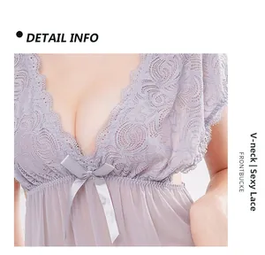 Detail of light purple lace nightgown with deep V-neck and grey satin bow accent