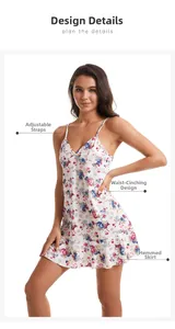Close-up of floral print nightdress with adjustable straps and waist-cinching detail