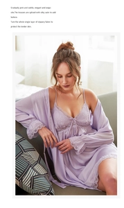 Detailed view of light purple silk satin lace sleepwear set with robe and chemise