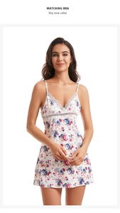 Close-up of floral print nightgown with delicate white lace trim and V-neckline detail