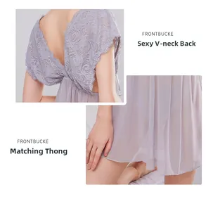 Detail of lavender lace nightgown featuring a deep V-back design and sheer mesh fabric