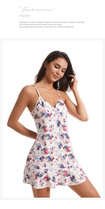 Detail of floral sleepwear featuring delicate spaghetti straps and romantic ruffle hemline
