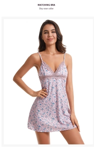 Detailed view of dry rose floral nightgown with delicate lace trim and matching bra detail