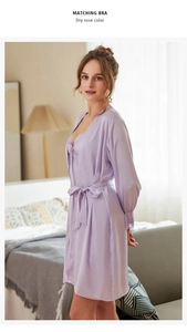 Detailed view of dry rose silk robe sleeve featuring delicate floral lace trim