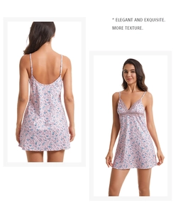 Detailed front and back view of purple floral satin sleepwear with lace V-neckline