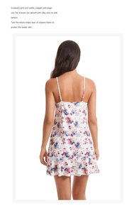 Detail of floral satin nightdress featuring delicate ruffles and thin shoulder straps