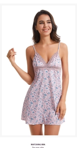 Detail of dry rose floral nightgown featuring purple lace trim and adjustable straps