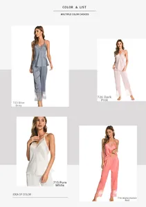 Pyjama en soie glacée avec dentelle en bleu gris, rose poudré, blanc cassé et rouge