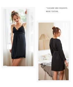 Detail of black silk nightgown set with lace trim and matching robe for women