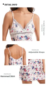Detail view of floral print nightdress showing V-neck lace trim and adjustable straps