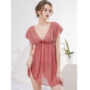 Elegant dusty rose sexy lace sleepwear nightdress with sheer mesh and V-neck for women