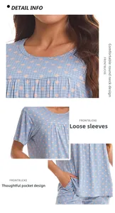Detail view of round neckline, loose cuffs and functional side pockets of blue pajamas
