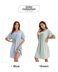 Short sleeve floral nightdress collection in blue and green cotton fabric with pleated collar