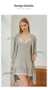Detailed view of grey modal bathrobe set with sexy V-neck lace trim and waist tie design