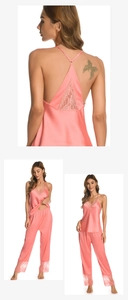 Détail de l'ensemble pyjama en satin rose corail avec caraco à dentelle et pantalon long