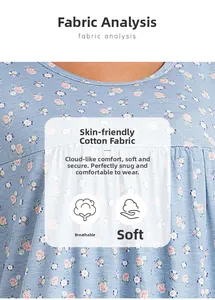 Detail of soft breathable cotton fabric with colorful floral print on light blue sleepwear