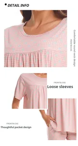 Detailed view of women's pajamas featuring round collar, loose sleeves, and side pockets