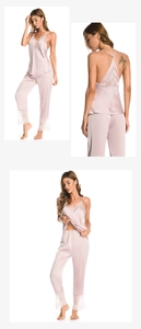 Détail de l'ensemble de pyjama rose en soie avec dentelle et haut à col en V dos nu