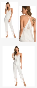 Détails de l'ensemble de pyjama soyeux avec col en V et dentelle délicate blanche