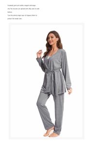 Détail d'un ensemble de pyjama gris avec haut à nouer à manches longues et pantalon droit