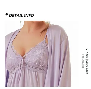 Detail view of the elegant lavender lace V-neckline and satin fabric on the sleepwear set