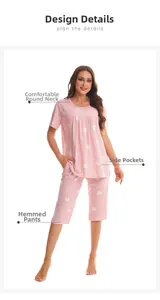 Detail view of pink heart polka dot loungewear with round neck and side pockets