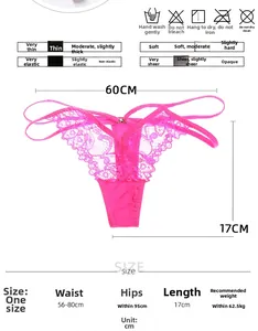 Detailed size chart and washing guide for pink lace thong with measurement specs