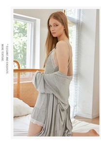 Detail of light gray lace-trimmed modal sleepwear set with silk robe and camisole gown