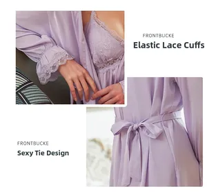 Detail of light purple silk robe featuring floral lace cuffs and matching waist tie