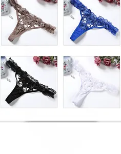 Vue détaillée de quatre strings en dentelle transparente en marron, bleu, noir et blanc