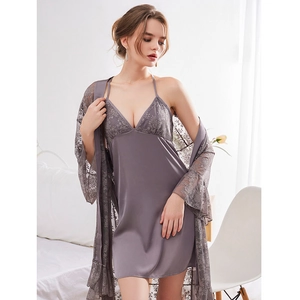 Nuisette Sexy en Satin Et Peignoir en Dentelle pour Femmes Top Et Bottom Élégant Ensemble de Pyjama en Dentelle