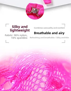 Detail of neon pink lace fabric with metal rhinestone buckle and 90% nylon mesh texture