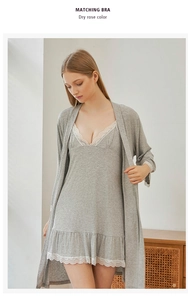 Detail of light gray lace slip nightgown and matching robe set in soft modal cotton