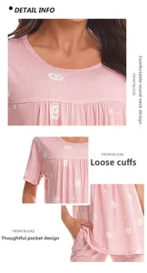 Detail of pink heart-patterned pajamas showing round neckline and side pockets