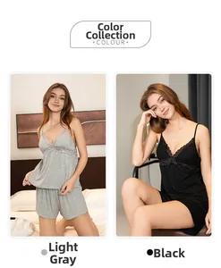 Lace-trimmed V-neck modal pajamas set with camisole and shorts in grey and black