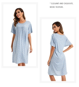 Front and back view of light blue floral nightgown with elegant pleated neckline details