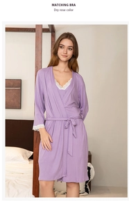 Detail of dry rose color women's robe set featuring delicate white lace trim on cuffs