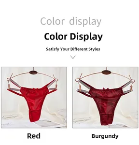 Detailed color display of red and wine red lace thongs with glitter side straps and bows