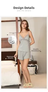 Detail view of lace V-neckline and modal fabric on grey sleeveless pajama set